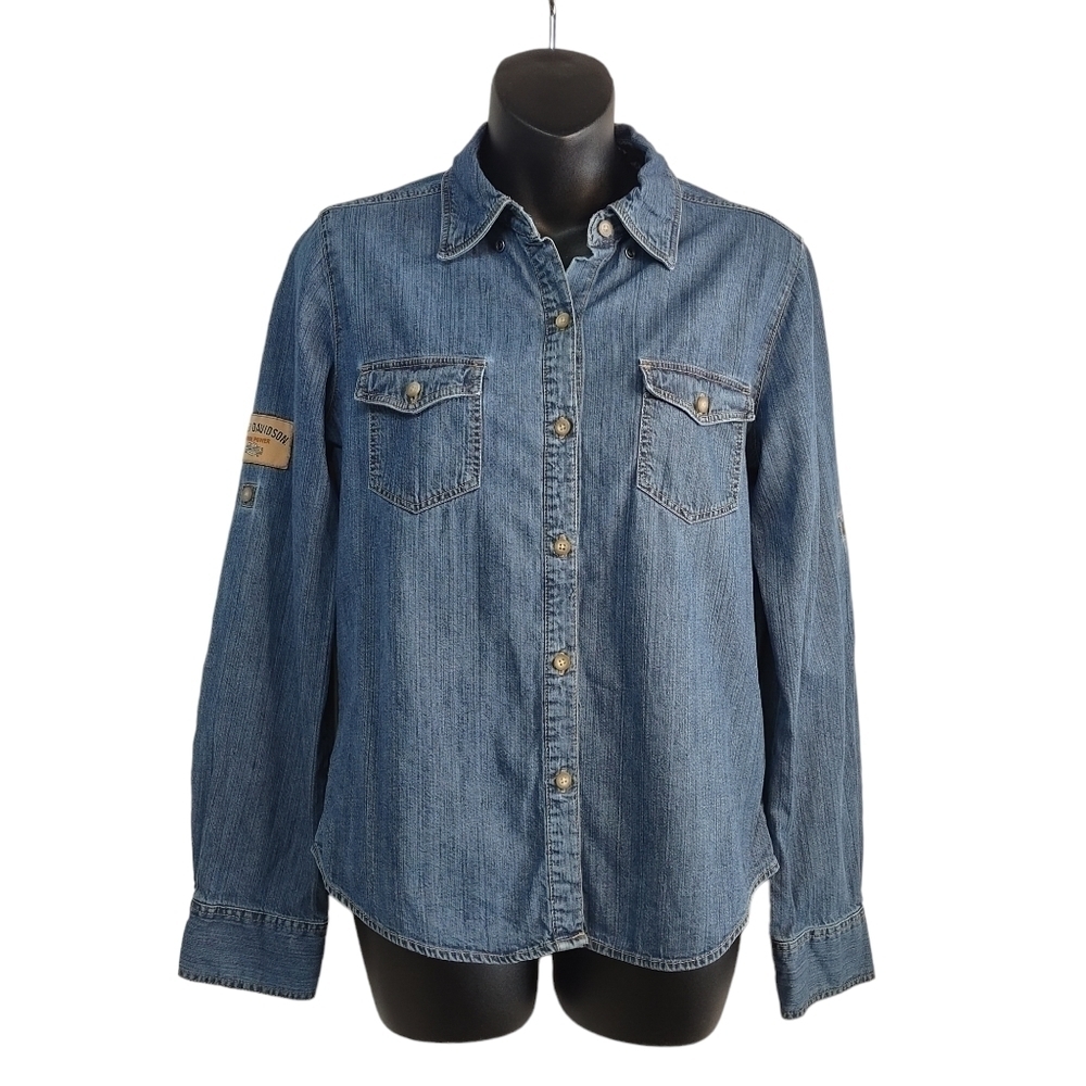 Vintage Harley-Davidson Women's Blue Denim Button Down Shirt Size M
